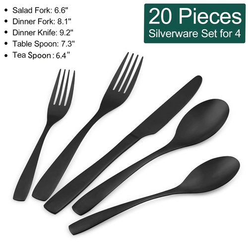 Bettlife Matte Black Silverware 20 Piece, Spoon and Fork Set, Kitchen Cutlery Set for New Apartment, Stainless Steel, Dishwasher Safe