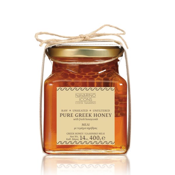 NAVARINO ICONS Pure Greek Honey with Fresh Honey Comb, 14 Ounce