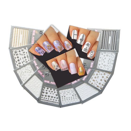 Lovely Nail Art 3D Stickers Decals Silver Gold Black & White Variety Pack of 10 - Long Ornaments ♥ Hearts ♥ Fish ♥ - / GSBWIII /