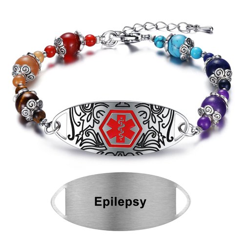 MAXZOOL EPILEPSY Medical Alert Bracelets for Men Women | Medical Alert Disease Awareness Bracelet with Colorful Beads | Adjustable Medical ID Bracelet with Stainless Steel ID Tag 7.5-9.0 Inches