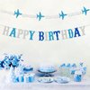 Zwiebeco Blue White Silver Happy Birthday Banner Sign Airplane Clouds Theme Birthday Banner Hanging Paper Birthday Party Decorations Supplies for Babys Kids Boys Girls Children's Birthday Decorations