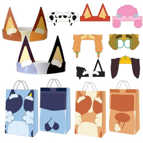 HANEI 36 Pcs Blue Dog Birthday Party Supplies - 18 Blue dog Goodie Bags and 18 Blue Dog & Friends Paper Crowns Headbands Party Favors