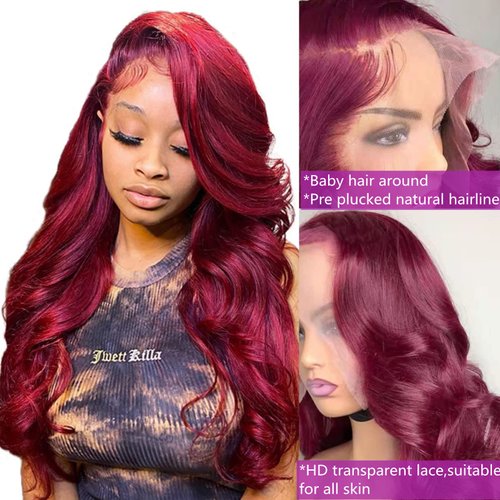 MISSJAY 20 Inch Burgundy Lace Front Wigs Human Hair 13x4 Hd Lace Front Wigs Human Hair Wine Red Body Wave Lace Front Wigs Human Hair 180 Density Glueless HD Lace Frontal Wigs Human Hair