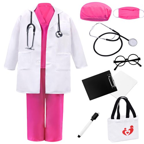 ZZIHAN Doctor Costume for Kids Rose Nurse Doctor Scrubs Set Costume Doctor Lab Coat Costume Veterinarian Costume Stethoscope Nursing Clipboards Boys Girls 6-7Y Brithday Party Halloween Dress Up