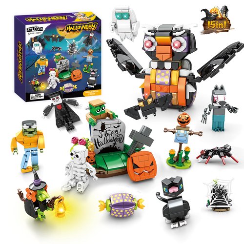 ZYLEGEN15-in-1 Halloween Mini Building Toy Set for Kids,Pumpkin Witch Ghost Owl Spider Skeleton Figures Building Blocks Halloween Party Favors Goodie Bags Stuffers Gift for Kids Boys Girls(458Pcs)