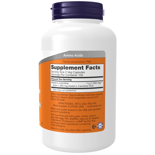 NOW Foods Supplements, Acetyl-L Carnitine 500 mg, Amino Acid, Brain And Nerve Cell Function*, 200 Veg Capsules