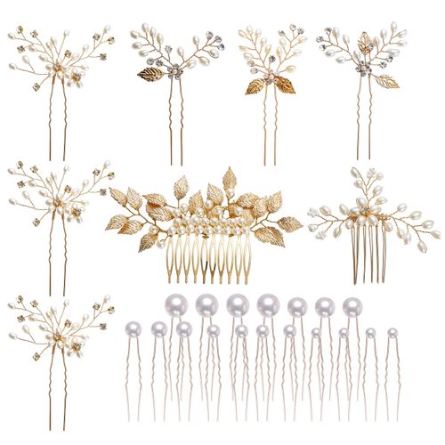 inSowni 26 Pack Gold Wedding Bridal Hair Side Combs+U Shaped Hair Pins Clips Barrettes Leaf Flower Rhinestone Pearl Hair Pieces Updo Accessories Jewelry Headpieces for Women Girls Brides Bridesmaids