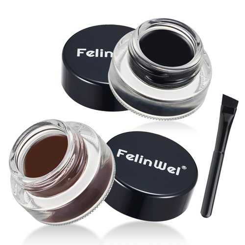 2Pcs Gel Eyeliner and Eyebrow Pomade Cream with Brush Waterproof Long Lasting, Black and Brown