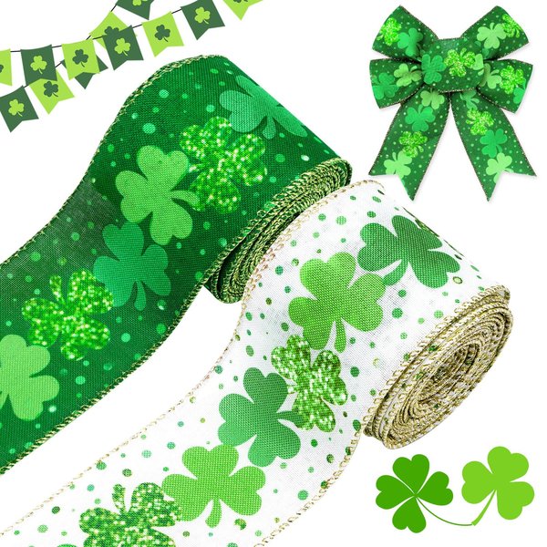 JarThenaAMCS 20 Yards St. Patrick's Day Gold Wired Edge Ribbon 2.5In Green Shamrock Polka Dots Fabric Ribbon Irish Decorative Craft Ribbon for Holiday Wrapping DIY Making Bow Wreath