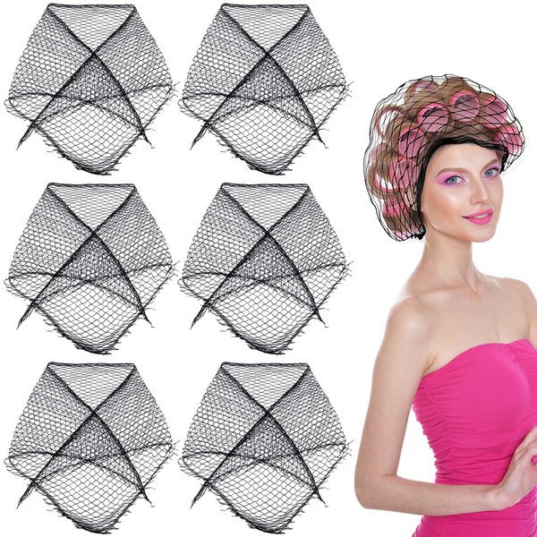 OIIKI 6PCS Cotton Triangle Hair Net for Rollers, Women Hair Net Mesh, with 36PCS Hair Pins, for Sleeping, Black, (35 x 35 x 57 Inches)