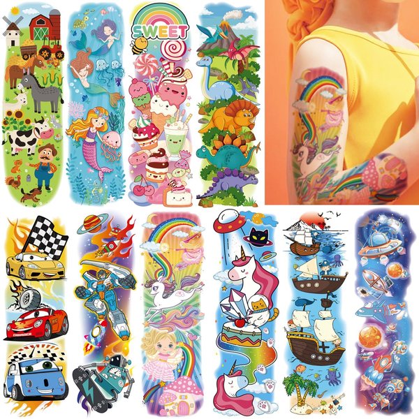 CHARLENT Kids Full Arm Temporary Tattoos - 11 Sheets Kids Full Sleeve Temporary Tattoos for Boys Girls Birthday Party Favors Goodie Bag Fillers