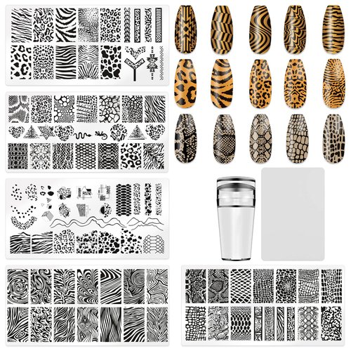 KAAGEE 5Pcs Leopard Print Nail Stamp Nail Stamping Plates Nail Art Stamping Plates Nail Design Stamp Nail Plate Template Nail Art Accessories Tools with 1 Nail Stamper, 1 Scraper