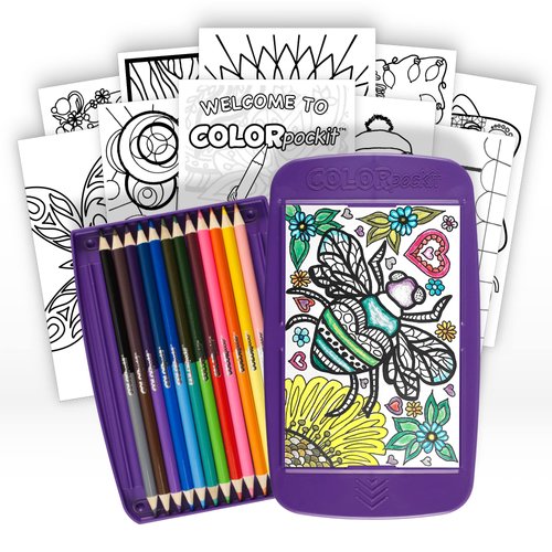 Colorpockit Coloring Kit Travel Art Set with Colored Pencils, 4x6 Coloring Cards, Built in Sharpener, Mess Free Trip Activities for Airplanes or Car, 8.5 x 5, 34 pieces