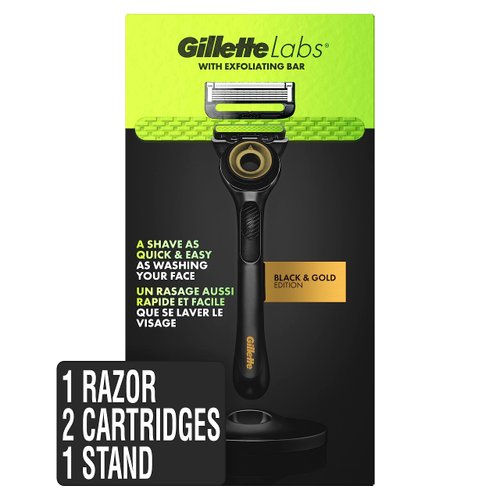 Gillette Labs Mens Razor with Exfoliating Bar, Shaving Kit for Men, Includes 1 Handle, 2 Razor Blade Refills, 1 Premium Magnetic Stand, Black and Gold, Razor for men