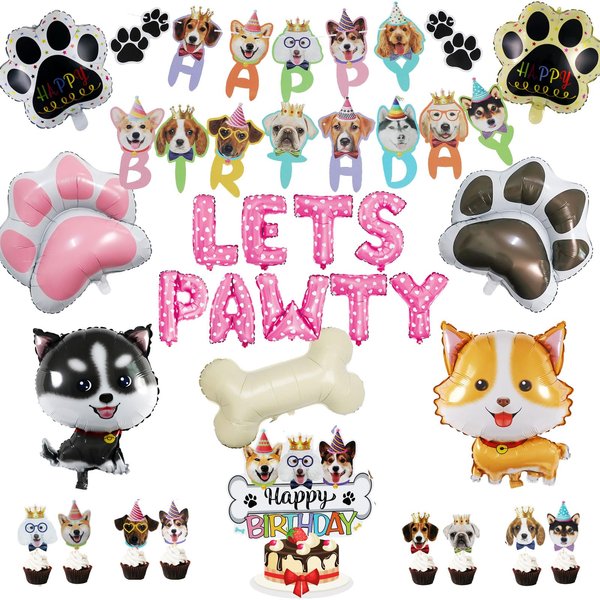 Dog Birthday Decorations, Lets Pawty Birthday Decorations Girl, Dog Birthday party Supplies Include Puppy Dog Happy Birthday Banner, Dog Balloons, Paw Print Balloons, Cake Toppers
