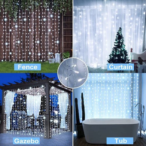 2 Pack Solar Curtain Lights Outdoor Garden Fairy String Lights 300 LED 8 Modes Remote Control Waterproof Solar Waterfall Lights for Gazebo Patio Party Festival Wedding Christmas Decorations(White)