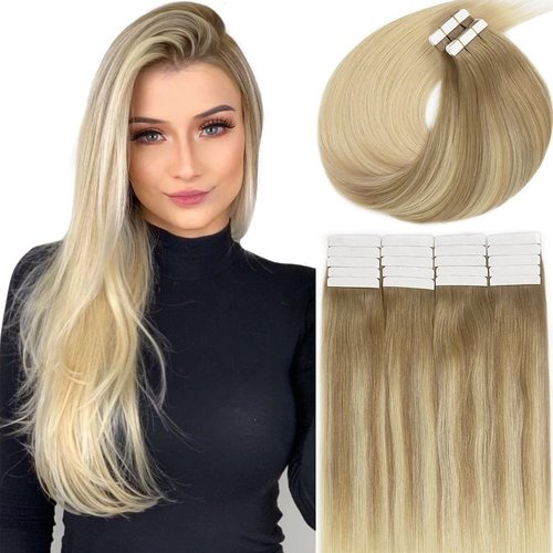 LacerHair BalayageTape in Hair Extensions Human Hair Double Side Tape Seamless Skin Weft Ombre Light Brown to Platinum Blonde B#8/60 50 Grams 20Pcs 14 Inch