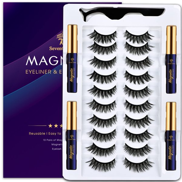 7C SEVENCROWN Magnetic Eyelashes Magnetic Lashes with Eyeliner, 10 Pairs Medium Cat Eye Magnetic False Eyelashes Natural Look,Pestañas Magneticas, Upgraded Long Lasting,Lightweight,Cruelty-Free,Easy(4 Tubes)