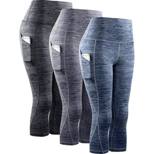 NELEUS Women's 3 Pack Tummy Control High Waist Yoga Capri Leggings with Pockets,9034,Black,Grey,Navy Blue,S,EU M