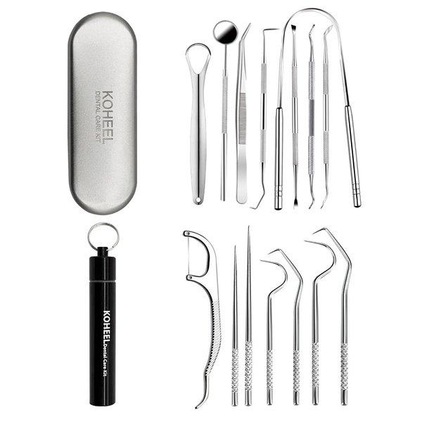 KOHEEL Dental Tools with Metal Case, 8 Count Teeth Cleaning Tools Set, Remove Plaque, Oral Care Hygiene Kit & Toothpicks Pocket Set, Reusable Dental Floss Picks Kit, Tooth Picker