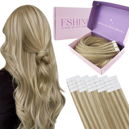 Fshine Blonde Tape in Hair Extensions Human Hair Dark Ash Blonde Highlighted with Golden Blonde Remy Hair Tape in Extensions 12 Inch Silky Straight Hair Extensions Tape in Real Human Hair 20pcs 30g