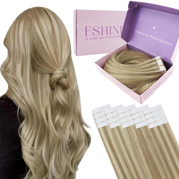 Fshine Blonde Tape in Hair Extensions Human Hair Dark Ash Blonde Highlighted with Golden Blonde Remy Hair Tape in Extensions 12 Inch Silky Straight Hair Extensions Tape in Real Human Hair 20pcs 30g