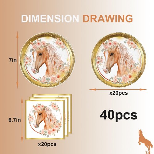 MASGY 40pcs horse birthday Party Supplies,include 20 dessert plate, 20 Napkin,For boys and girls birthday party supplies，Used for kentucky derby birthday Party Decoration (White and gold horse)