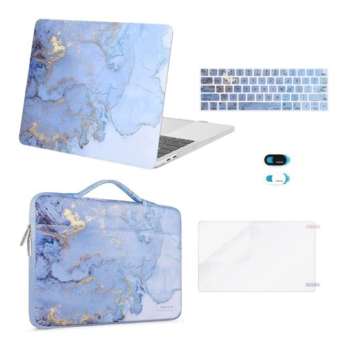 MOSISO Compatible with MacBook Pro 13 inch Case 2024-2016 M2 M1 A2338 A2251 A2289 A2159 A1989 A1708 A1706, Plastic Watercolor Marble Hard Case&Bag&Keyboard Skin&Webcam Cover&Screen Protector, Blue