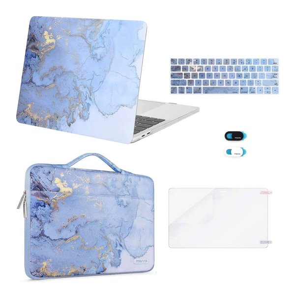 MOSISO Compatible with MacBook Pro 13 inch Case 2024-2016 M2 M1 A2338 A2251 A2289 A2159 A1989 A1708 A1706, Plastic Watercolor Marble Hard Case&Bag&Keyboard Skin&Webcam Cover&Screen Protector, Blue