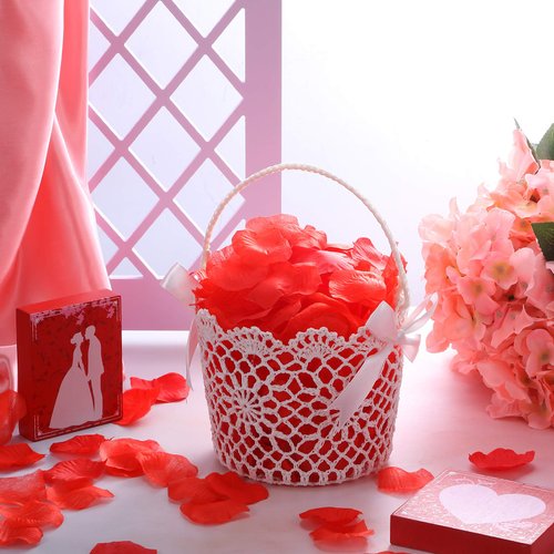 2 Pieces White Basket Handle Wedding Flower Girl Baskets, 5.90 x 4.72 x 4.33 Inch (Silk Ribbon Bowknot)