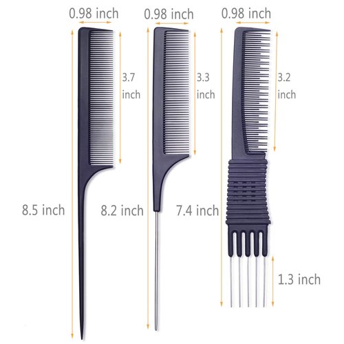 PERFEHAIR Teasing Comb for Fine Hair, (3-pack) Rat Tail Backcombing Volumizing Parting Wave Combs Tools for Women with Metal Pick
