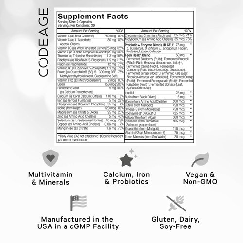 Codeage Teen’s Daily Multivitamin Supplement, 25+ Vitamins & Minerals for Teenage Boys & Girls, Organic Whole Foods Vitamins for Teenagers, Vitamin A, B Vitamins, Vitamin C, D, E, K, Omega-3, 2 Pack