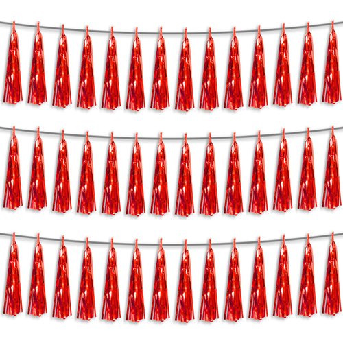 3P Red Foil Fringe Metallic Tassel Streamers Banner Tassel Garland for Parade Floats, Bachelorette, Wedding, Birthday, Halloween, Christmas, Bridal/Baby Shower Party Decorations
