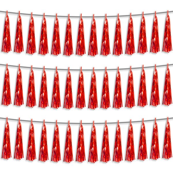 3P Red Foil Fringe Metallic Tassel Streamers Banner Tassel Garland for Parade Floats, Bachelorette, Wedding, Birthday, Halloween, Christmas, Bridal/Baby Shower Party Decorations