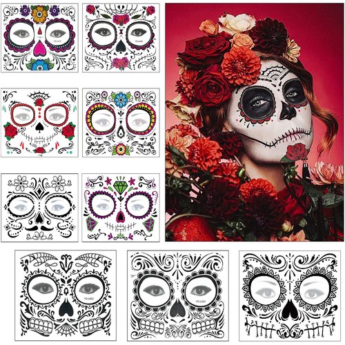 9 Sheet Halloween Temporary Face Tattoo Stickers Day Of The Dead Personalized Masquerade Face Sti...