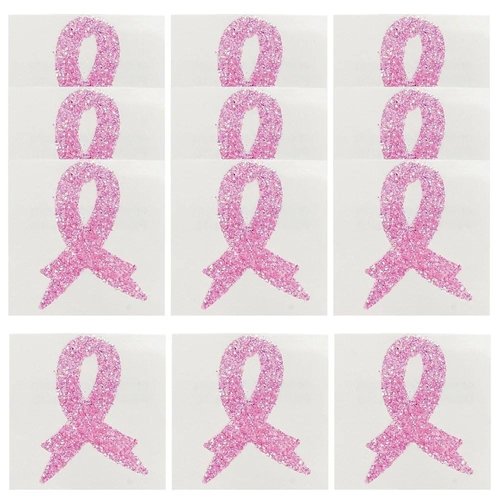 Breast Cancer Awareness Body Tattoo Stickers, Pink Ribbon Glitter, 12 Pieces