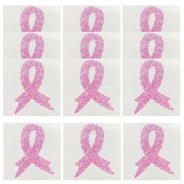 Breast Cancer Awareness Body Tattoo Stickers, Pink Ribbon Glitter, 12 Pieces