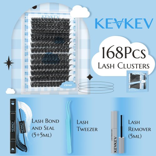KevKev Lash Extension Kit 168Pcs Lash Clusters Kit DIY Eyelash Extension Kit Lash Bond and Seal Lash Applicator Tool Lash Remover for Eyelash Extensions(Cirrus,D-8-18mix)