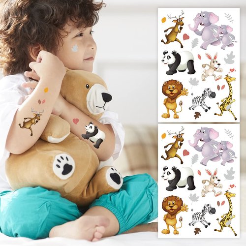 Glitter Tattoos for Kids, Jungle Animal Birthday Party Supplies, Silver Styles, Giraffe Panda Lion Zebra Elephant Safari Baby Shower