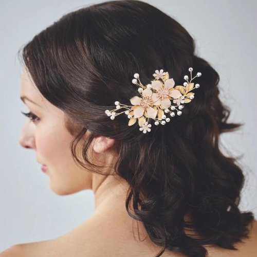 Foyte Crystal Flower Wedding Hair Comb Leaf Headpiece Gold Hair Piece Bride Pearl Hair Accessories for Women
