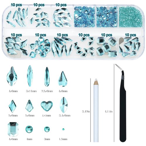 820Pcs Lake Blue Nail Rhinestones Crystals Gems Flatback Round Multi Shapes Sizes Blue Diamonds Stones Beads for Nail Art DIY Jewelry Crafts Accessories