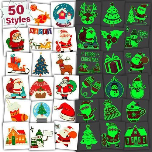 Partywind Luminous Kids Temporary Tattoos for Christmas Stocking Stuffers, Individually Cut Tattoos for Christmas Holiday Party Supplies Decorations, Xmas Games Toys (50 Sheets)