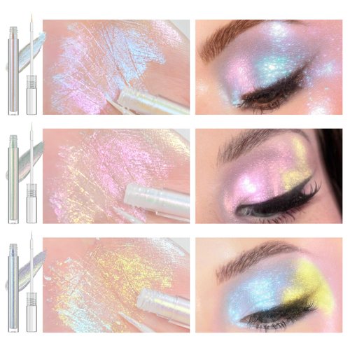 JUR MORNIER Multichrome Liquid Eyeshadow Set,3 Colors Multi-Dimensional Eye Liner Makeup,High Pigment Waterproof Metallic Eyeshadow,Ultre Fine Tip Glitter Eyeshadow (01+02+03)