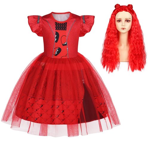 Sukyfecde Descendants 4 Rise Red Costume with Wigs Girls Princess Dress up Halloween Costumes Role Play Clothes Ruffle Sleeve Dresses Size 3t-4t