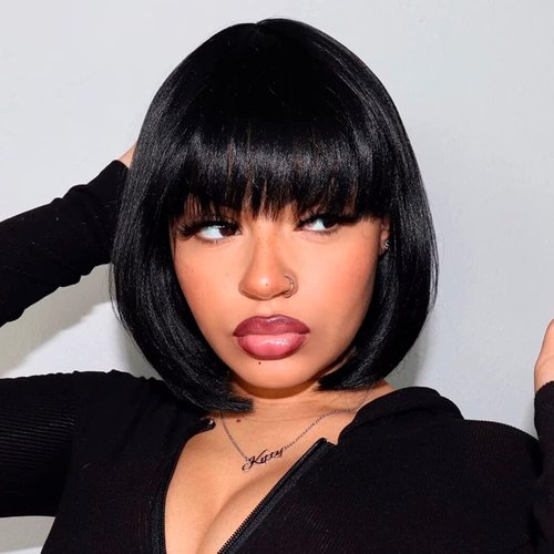 Short Black Human Hair Bob Wigs With Bangs 10 Inch Light Yaki Straight Realistic Scalp Glueless Non Lace Front Wig For Women Blunt Cut Bob Wigs 180% Density (NATURAL BLACK, 8INCH)