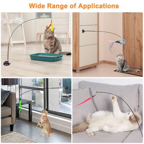 Oziral Cat Feather Toys, 10PCS Cat Toys with Super Suction Cup, Detachable 2PCS Cat Wand Toys & 6PCS Replacement Teaser Refills with Bell, Interactive Cat Toy for Indoor Cats Kitten Play Exercise