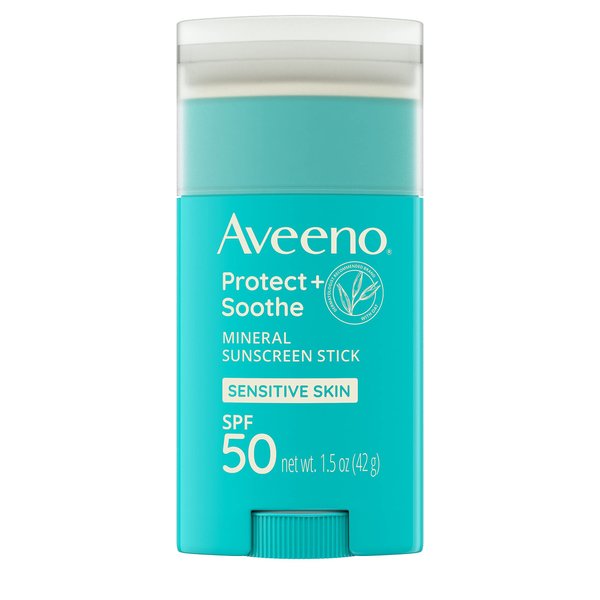 Aveeno Protect + Soothe Mineral Sunscreen Stick for Sensitive Skin, SPF 50, Water-Resistant for 80 minutes, Face & Body Sunscreen with Zinc Oxide & Oat, Fragrance-Free, Travel Size, 1.5 OZ