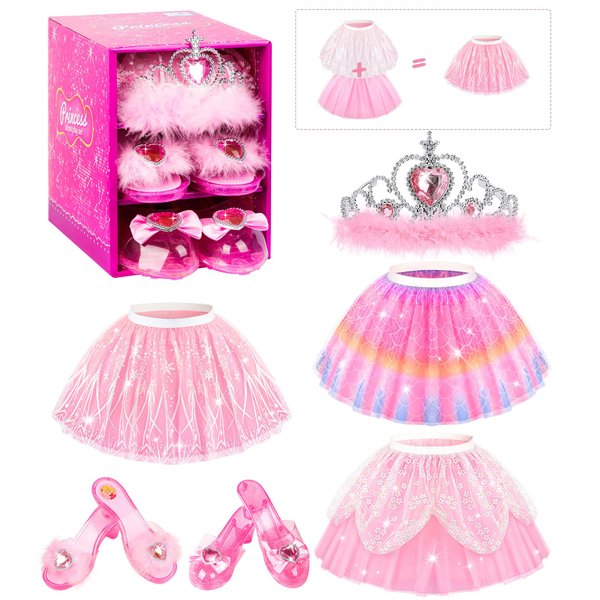 Jeowoqao Dress up Shoes Princess Dresses for Girls, Little Girls Princess Dress up Clothes Set- 1pc TuTu Skirt with 3ps Skirt Veils, Play Toys for Girls Age 3 4 5 6 Years Birthday Gift