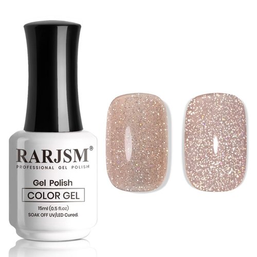RARJSM Reflective Glitter Gel Nail Polish Nude Light Brown Pink Sheer Jelly Gel Polish Flash Diamond Sparkle Rainbow Silver Shimmer Soak off Curing Requires 15ml Single Bottle for Home Salon