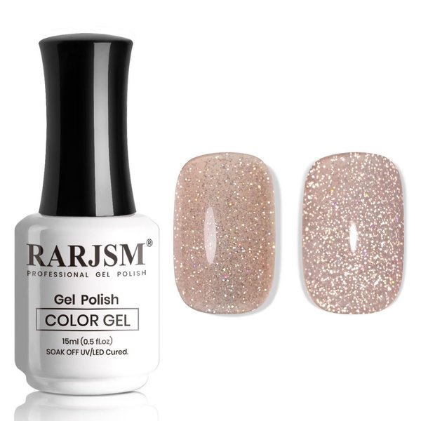 RARJSM Reflective Glitter Gel Nail Polish Nude Light Brown Pink Sheer Jelly Gel Polish Flash Diamond Sparkle Rainbow Silver Shimmer Soak off Curing Requires 15ml Single Bottle for Home Salon